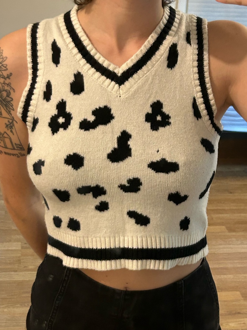 Black and White Cow Print V-Neck Sweater Vest